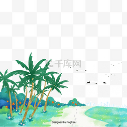 绿色椰树图片_夏日绿椰树沙滩插画