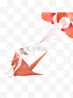 乘风飞翔图片_手绘拿着气球乘千纸鹤飞翔的女孩