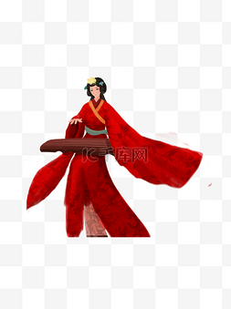 红色卡通汉服图片_穿红色古代宽袖汉服弹古琴的女子