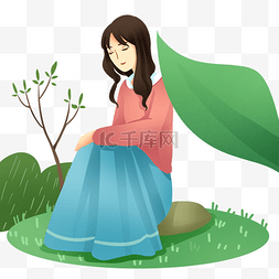 树叶上的女孩图片_春游坐在石头上的女孩插画