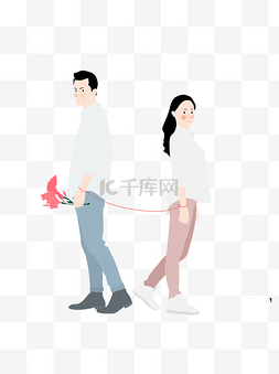 情人节人物装饰图片_背靠背牵着红绳子的情侣元素