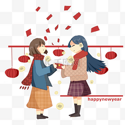 手绘女孩互祝新春