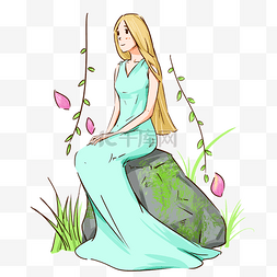 裙子上的装饰图片_谷雨坐在石头上的女孩插画