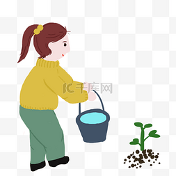 泥土卡通图片_植树节浇水的女孩插画