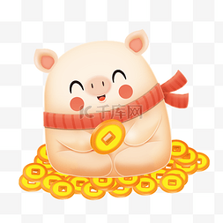 插画小猪坐着图片_坐在一大推金币上的小猪