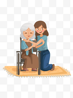 轮椅老人图片_温馨重阳节陪伴老人插画设计可商