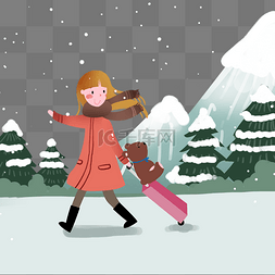 褐色行李箱图片_冬季旅行人物和雪景