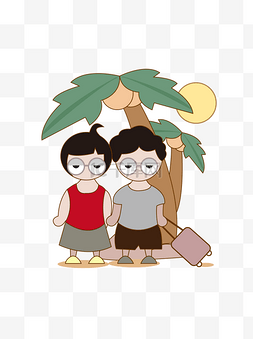 矢量椰子树图片_卡通手绘男生和女生一起旅行矢量