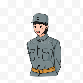 短发手绘女图片素材_国庆节英姿飒爽的短发戴帽子的八路女兵插画