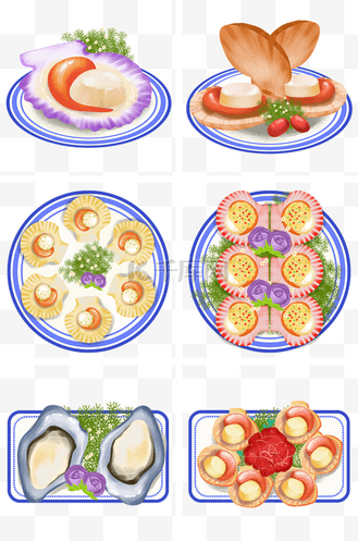 卡通手绘海鲜美食美味贝壳之盘装扇贝生蚝套图