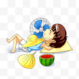 炎热插画图片_夏天吹风扇吃西瓜的小孩插画