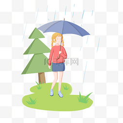 矢量森林草地图片_下雨打伞的女孩