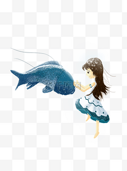 鱼儿游游图片_手绘卡通女孩摸着鱼儿元素
