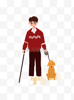 男孩和狗图片_手绘简约盲人男孩和导盲犬元素