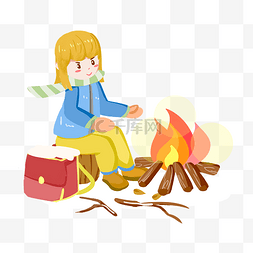 冬季取暖小女孩烤火取暖手绘插画