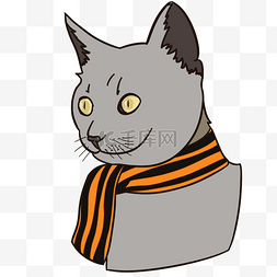 小动物卡通趴着图片_带围脖的灰色小猫手绘插画