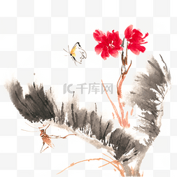 三调芭蕉扇图片_芭蕉与蝴蝶水墨画PNG免抠素材