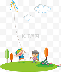 儿童放风筝卡通图片_手绘放风筝的儿童