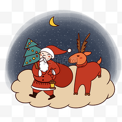 手绘卡通可爱圣诞节圣诞老人与麋