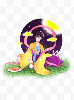 中秋节嫦娥玉兔吃月饼手绘中国风