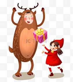 卡通小清新麋鹿图片_圣诞节女孩与麋鹿卡通插画
