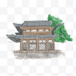 手绘风古代建筑法隆寺