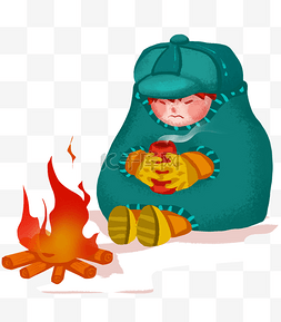 小男孩野外图片_冬季烤火的小男孩插画