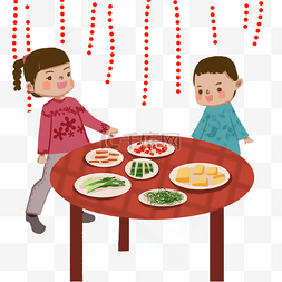 小灯笼新年挂饰图片_过大年吃团圆饭插画