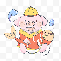 猪年猪猪鲤鱼手绘插画