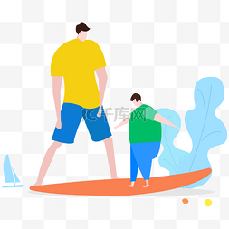 滑板扁平素材图片_海边练习滑板的温馨父子