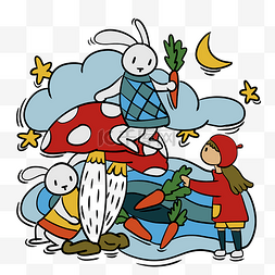 月亮图片_ 梦幻童话小女孩和小白兔