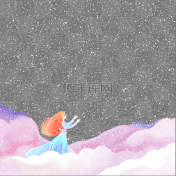 卡通冬天装饰图片_卡通手绘唯美女生迎接初雪场景