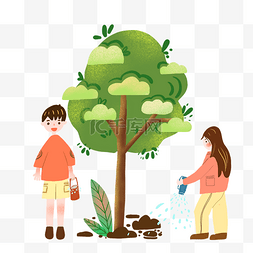 手绘男孩和女孩植树节辛勤育树