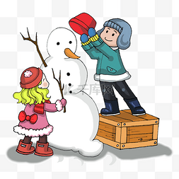 男孩堆雪人图片_兄妹两个堆雪人卡通手绘插画