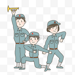 国庆节手绘插画中小学生扮红军免