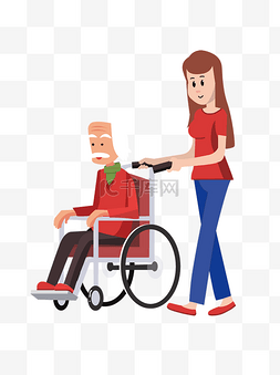 白发美女图片_手绘卡通推着坐轮椅的白发老爷爷