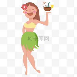 夏季海边海报图片_矢量卡通可爱穿泳衣草裙端着椰汁