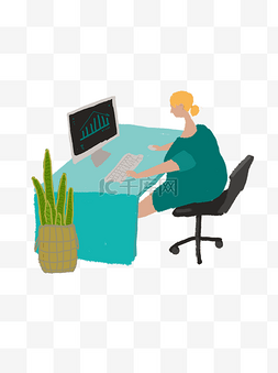 卡通工作电脑桌图片_扁平手绘女士在电脑桌工作元素