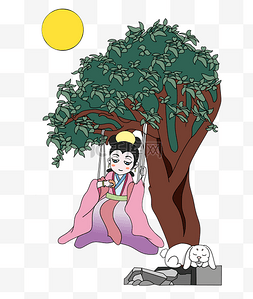 传统节日手绘插画图片_手绘嫦娥大树下荡秋千插画