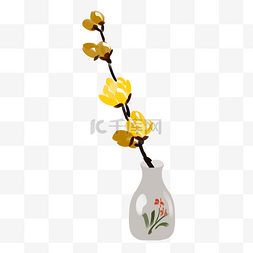 白色的花瓶图片_黄色的花枝手绘插画