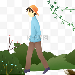 藤蔓绿色植物素材图片_戴着帽子春游的男孩插画