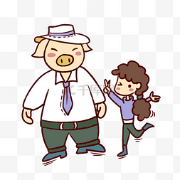 领带和帽子图片_手绘卡通矢量可爱猪年小女孩和猪
