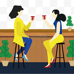 蓝色手绘人物图图片_手绘喝茶的女人矢量免抠图