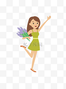 卡通手绘抱着紫色花束的女孩元素