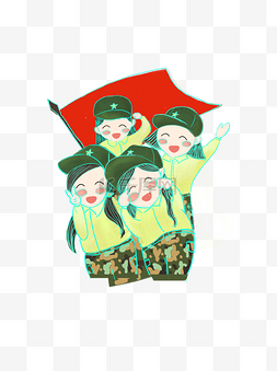 绿色红旗图片_穿绿色迷彩服的可爱小女服和红旗