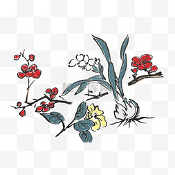 水墨风花草水仙花梅花手绘插画