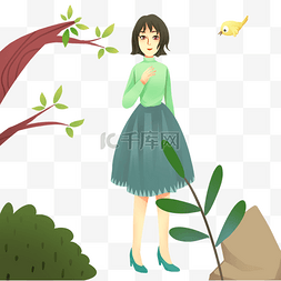 小鸟和树枝图片_春游女孩和小鸟插画