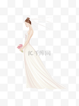 手拿花束的穿白色婚纱美丽女子卡
