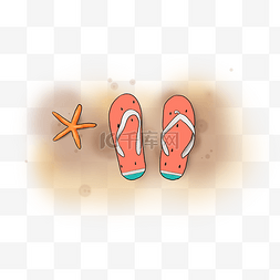 手绘海边沙滩上的拖鞋