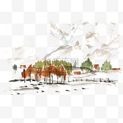 简约亮丽图片_雪地中的杨树林水彩画PNG免抠素材